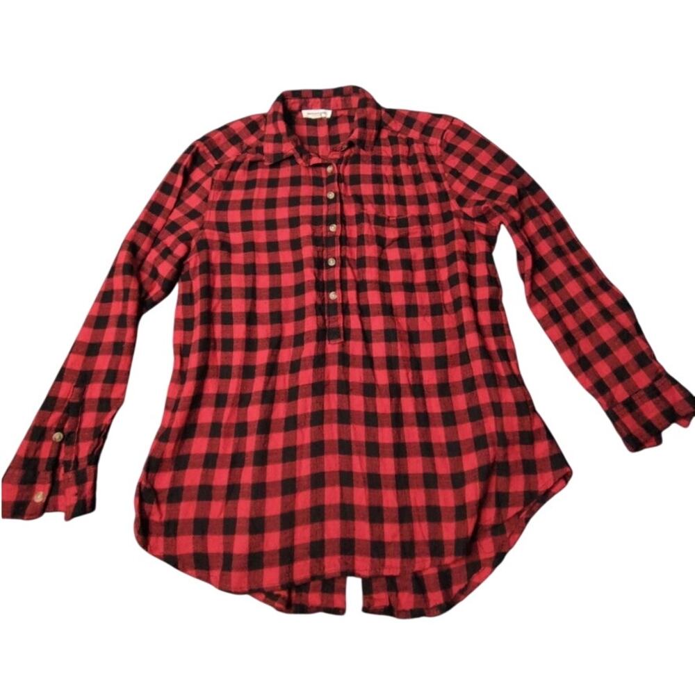 Beach Lunch Lounge Red Black Buffalo Plaid Flannel Tunic Shirt Women's Sz Large